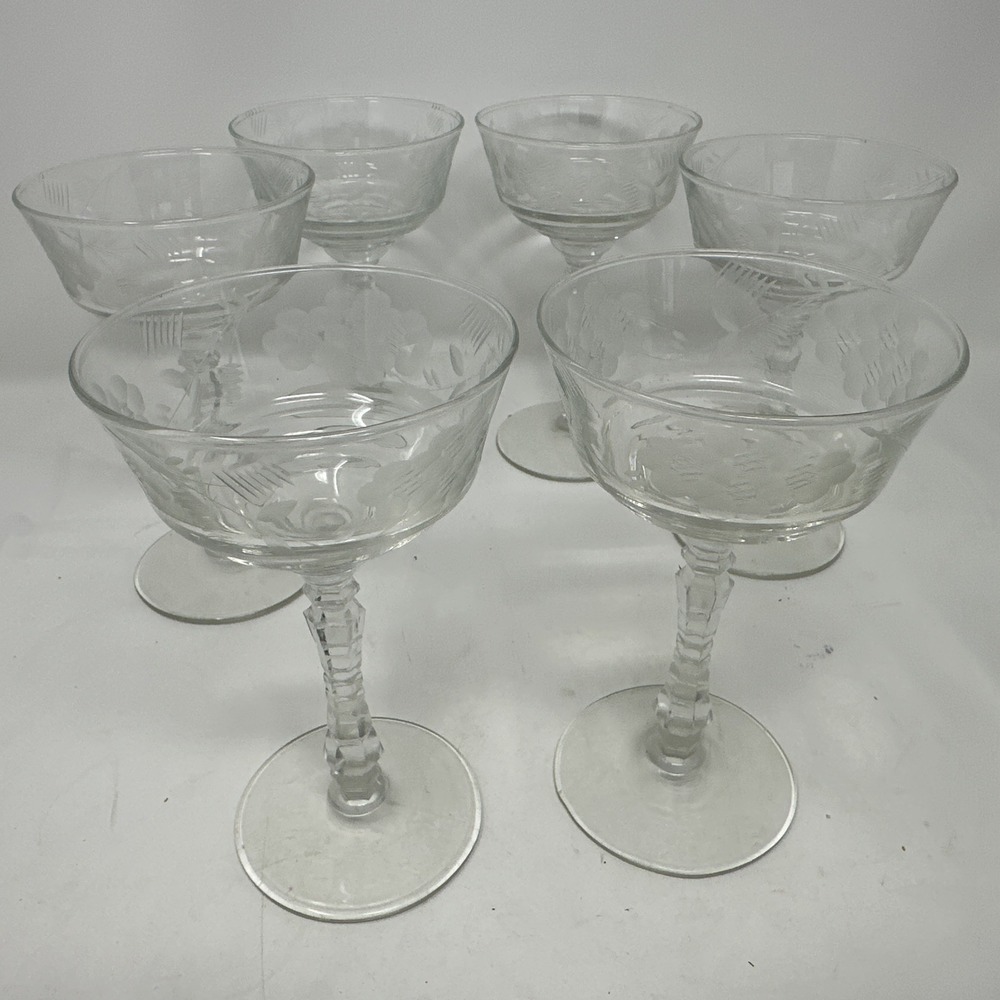 6 Vintage 1940's Libbey Rock Sharpe Arctic Rose Halifax Champagne Glasses 6 1/8"